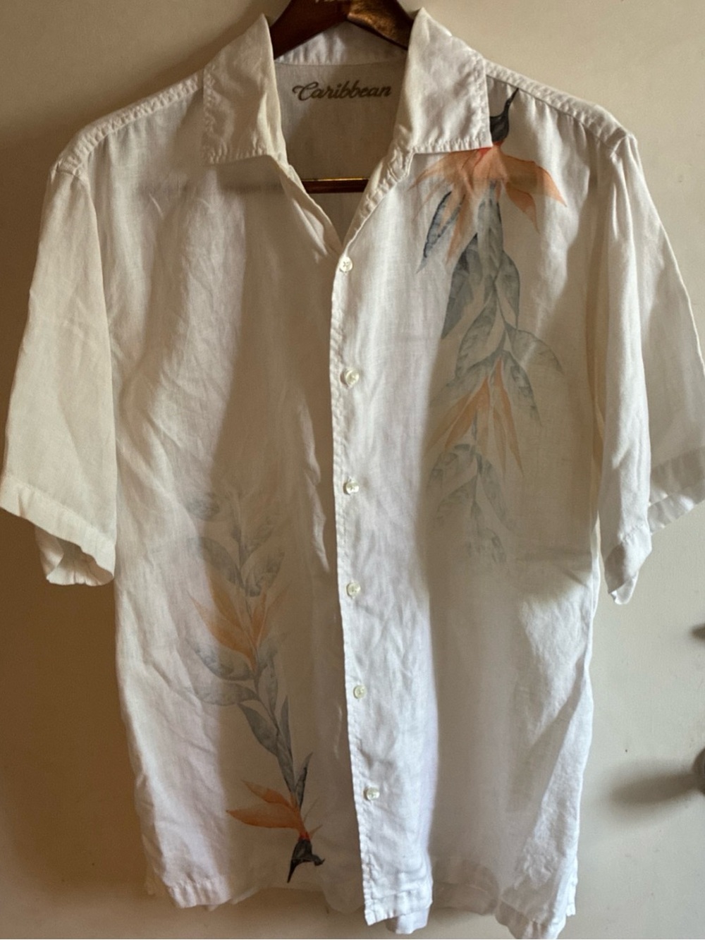 Caribbean 100% Linen Shirt Men’s Large Cream Tropical Bird of Paradise EUC
